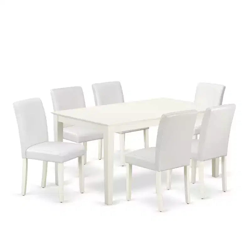 HomeStock Table de salle à manger 7 pièces rectangulaire en lin blanc, plateau en bois massif, avec 6 chaises Parson