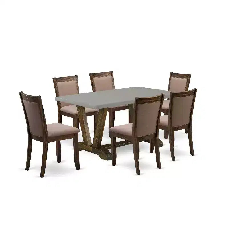 Table de salle à manger HomeStock 7 pièces avec plateau en bois massif finition jacobine vieillie et 6 chaises Parson