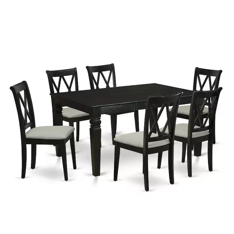 HomeStock Ensemble de salle à manger 7 pièces avec table rectangulaire en bois massif noir et 6 chaises à dossier croisé avec rallonge papillon