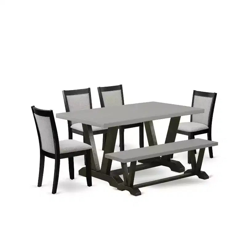 HomeStock Table à manger 6 pièces rectangulaire en bois massif finition chêne naturel avec 1 banc et 4 chaises rembourrées