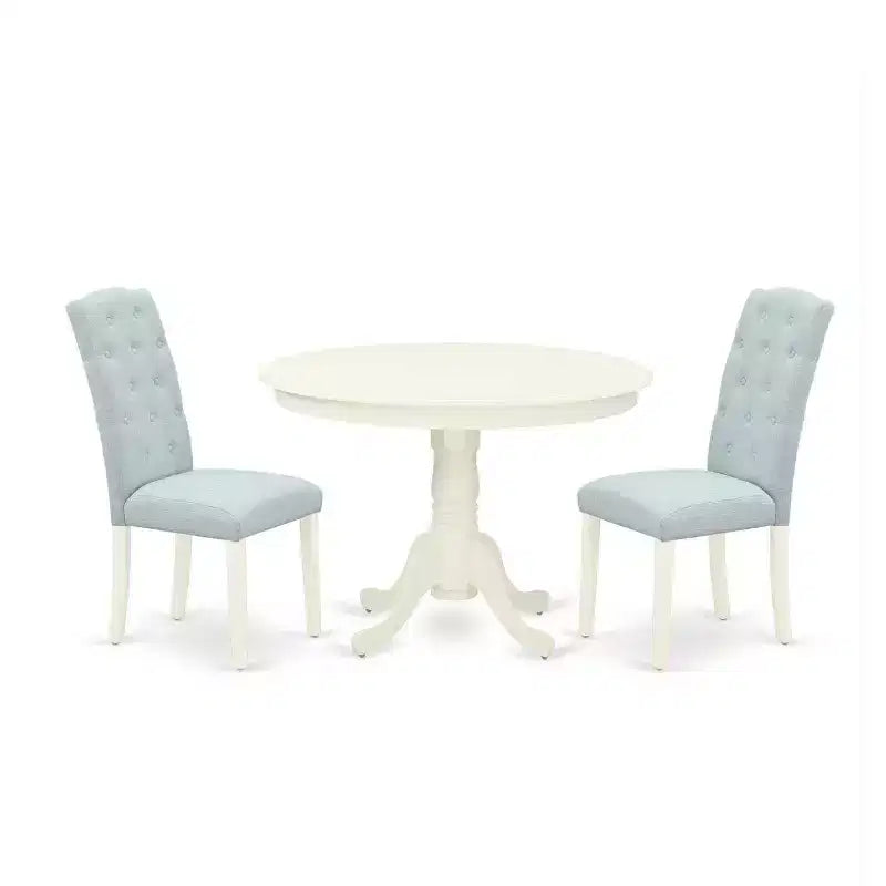 Ensemble de salle à manger 3 pièces Côtier - Table ronde et 2 chaises Parsons - Blanc lin et bleu layette