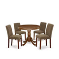 Ensemble table à manger ronde 5 pièces - Table 36" et 4 chaises - Tissu lin, pieds acajou - Meubles de salle à manger élégants