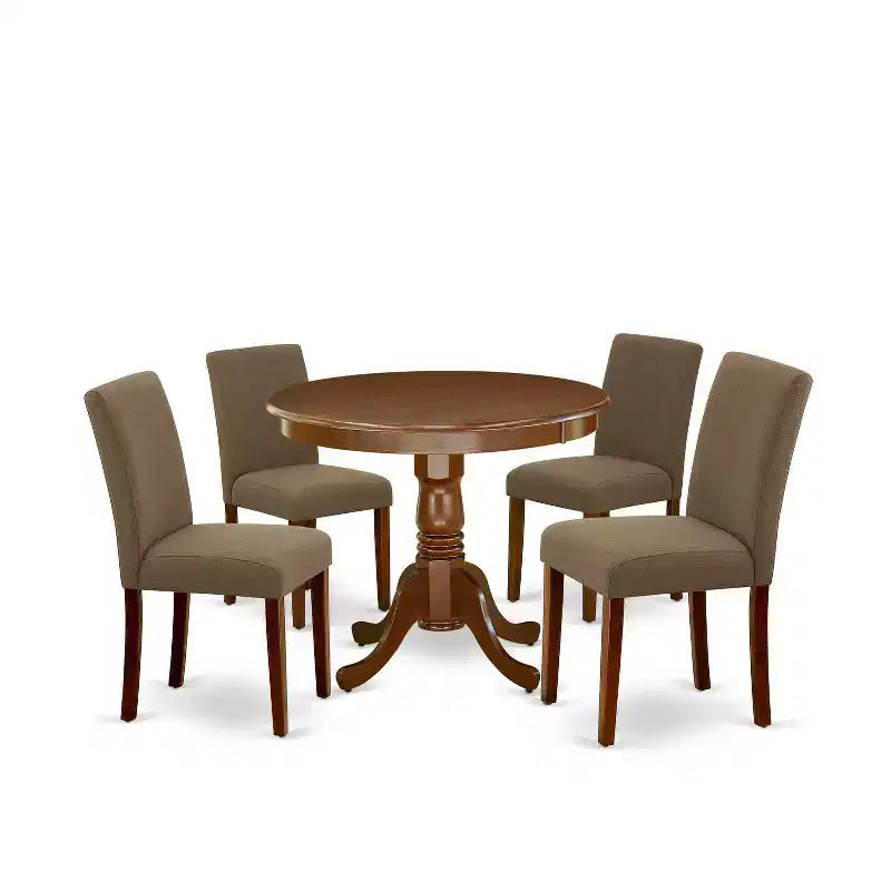 Ensemble table à manger ronde 5 pièces - Table 36" et 4 chaises - Tissu lin, pieds acajou - Meubles de salle à manger élégants