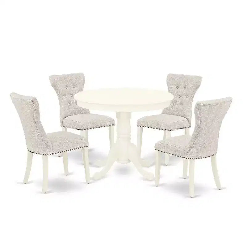 HomeStock Table à manger ronde 5 pièces en lin blanc avec plateau en bois massif et 4 chaises Parson