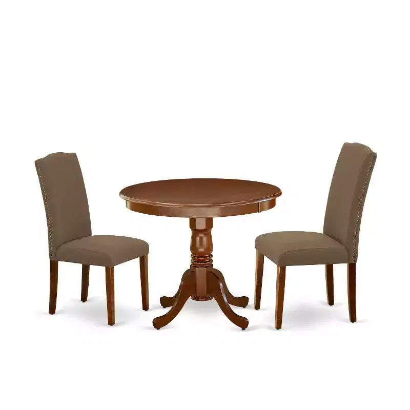 Ensemble de salle à manger rond - Table de 91 cm et 2 chaises - Tissu lin - Finition café foncé