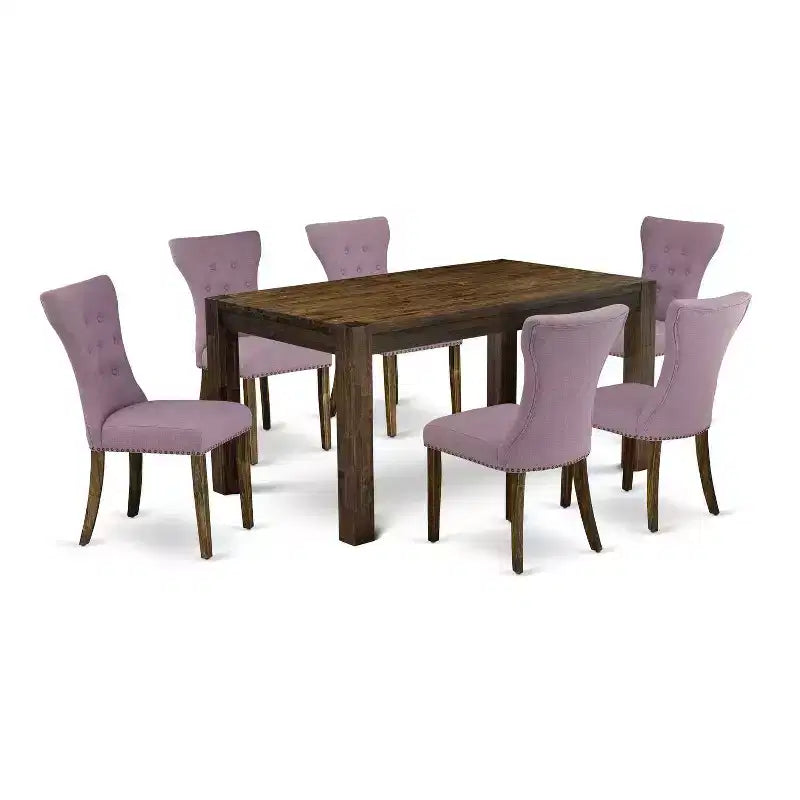 Table de salle à manger HomeStock 7 pièces rectangulaire en bois massif finition jacobéen vieilli avec 6 chaises Parson
