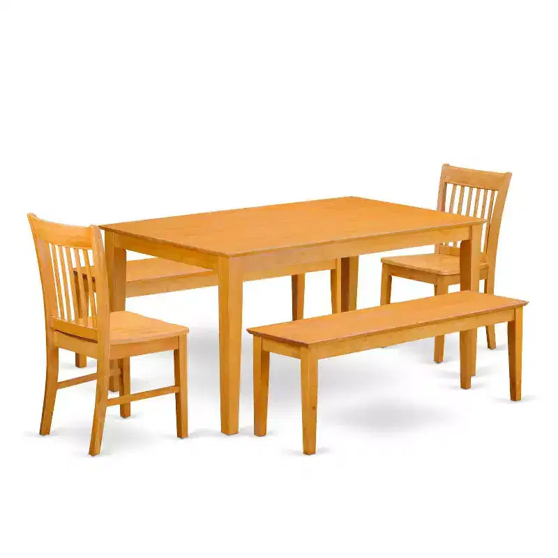 HomeStock Ensemble de 5 meubles de salle à manger, comprenant une table rectangulaire avec plateau en bois massif finition chêne naturel, 2 bancs et 2 chaises