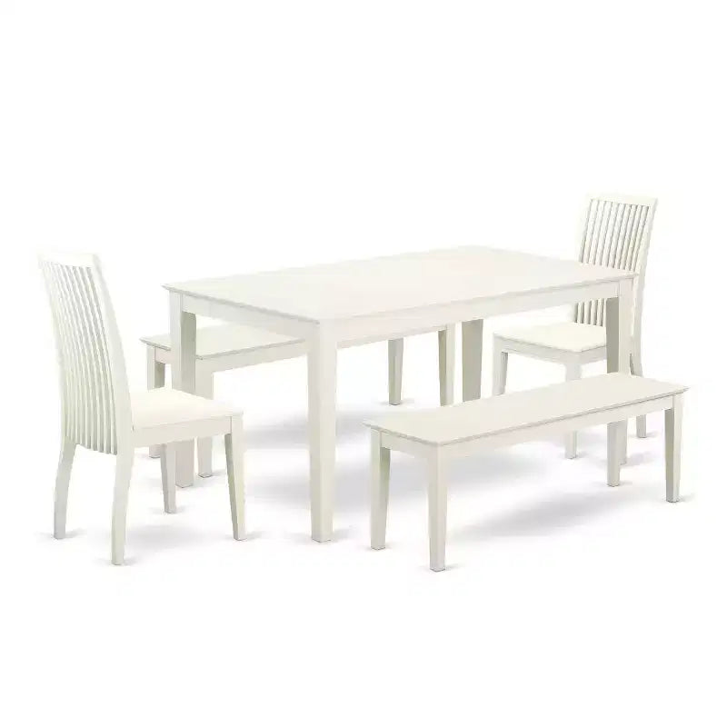Table à manger HomeStock 5 pièces rectangulaire avec plateau en bois massif finition lin blanc, 2 bancs et 2 chaises