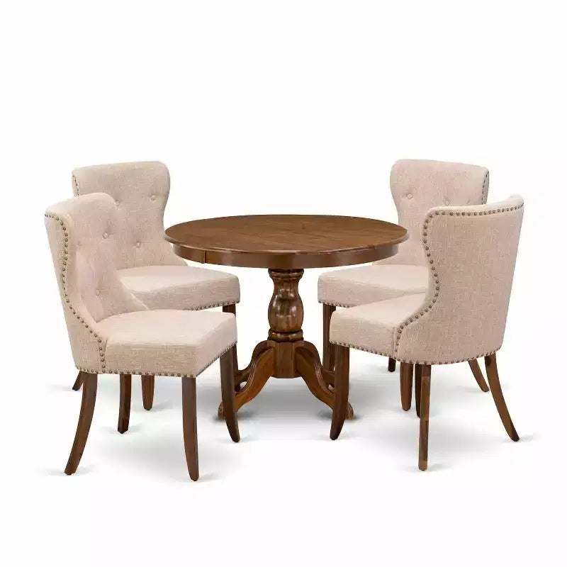 HomeStock Ensemble table de salle à manger avec plateau en bois massif fini noyer antique et 4 chaises – 5 pièces
