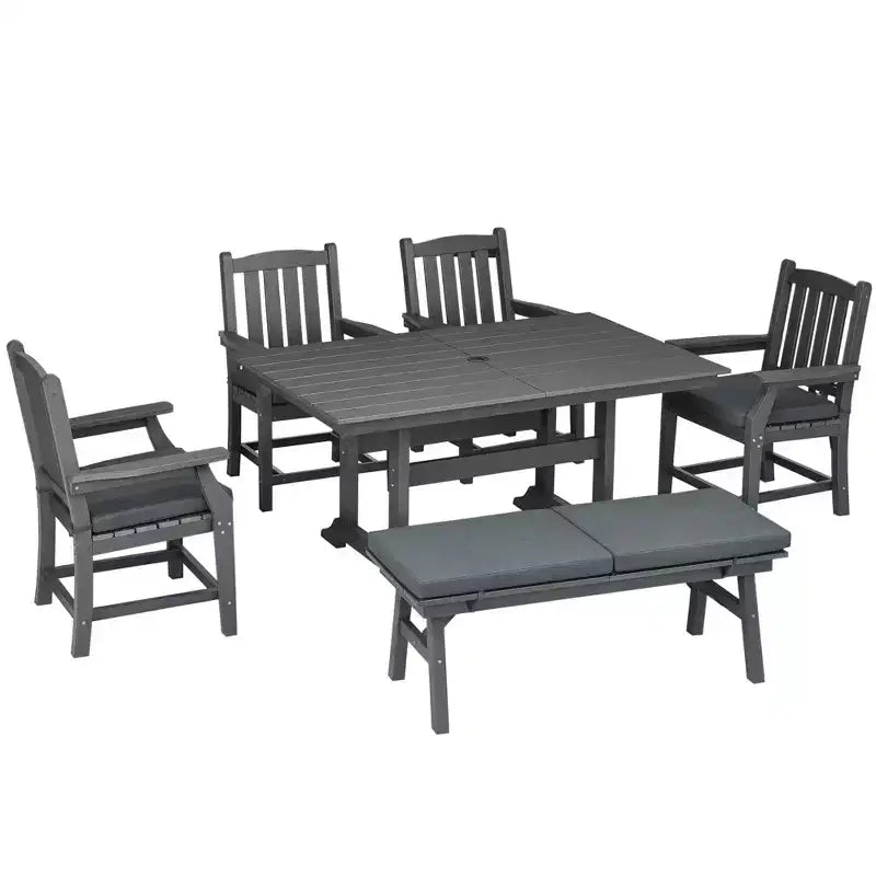 Ensemble de salle à manger de patio 6 pièces, table et chaises d'extérieur 6 places, mobilier de conversation, accoudoirs, banquette deux places, table à manger avec trou pour parasol