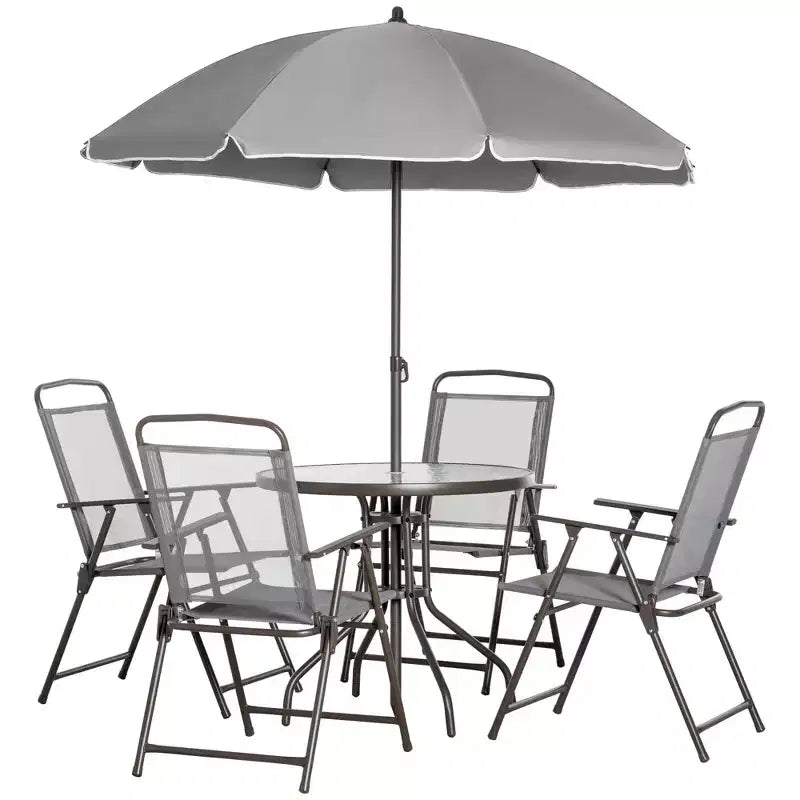Ensemble de salle à manger de patio 6 pièces pour 4 avec parasol, avec 4 chaises de salle à manger pliantes et une table ronde en verre pour le jardin