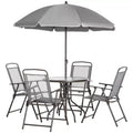 Ensemble de salle à manger de patio 6 pièces pour 4 avec parasol, avec 4 chaises de salle à manger pliantes et une table ronde en verre pour le jardin