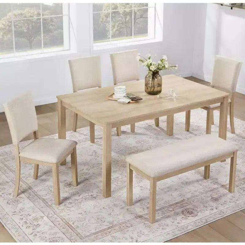 Ensemble de salle à manger moderne 6 pièces Fen de GDFStudio avec table rectangulaire en bois, 1 banc et 4 chaises rembourrées en lin