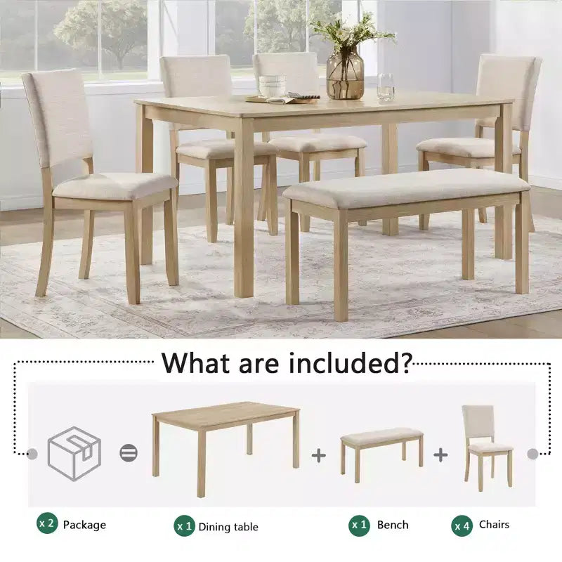 Ensemble de salle à manger moderne 6 pièces Fen de GDFStudio avec table rectangulaire en bois, 1 banc et 4 chaises rembourrées en lin