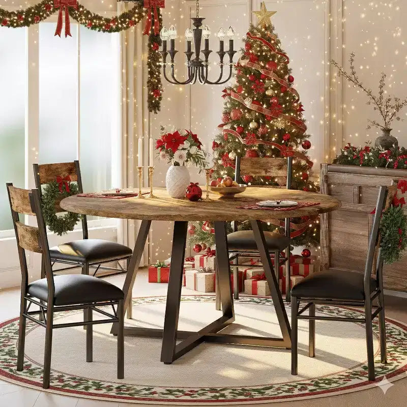 Ensemble Table et Chaises de Salle à Manger Rond pour 4 Personnes, Table de Cuisine et Chaises Circulaires en Bois 5 Pièces pour 4, avec 4 Chaises Rembourrées, Cadre Épais et Robuste