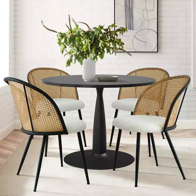 Ensemble de salle à manger rond 5 pièces pour 4 personnes, avec 4 chaises de salle à manger en tissu bouclé et dossier en rotin tressé, mobilier d'intérieur - Panipeachy
