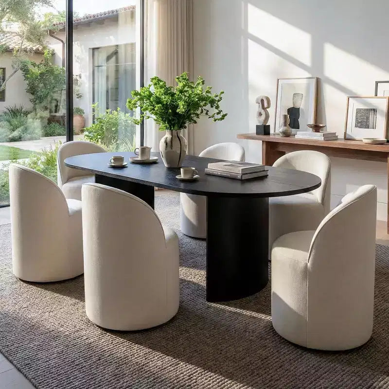 Ensemble Table à Manger pour 6 personnes, Table Ovale 79 et Chaises Tonneau Rembourrées en Tissu Lin avec Roulettes, pour la Salle à Manger-Panipeachy