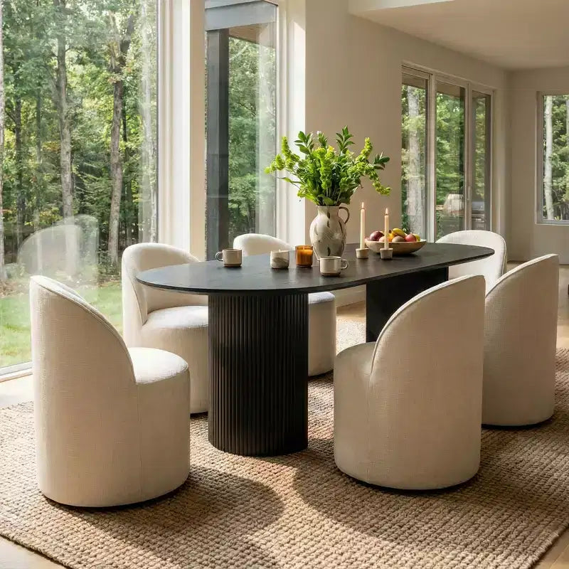 Ensemble table à manger pour 6, table ovale noire, chaises de salle à manger roulantes rembourrées avec roulettes, chenille texturée 360 g/m² - Panipeachy