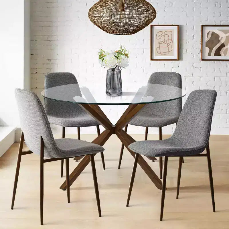Olive+Oslo Ensemble de salle à manger 5 pièces pour 4, Table à manger ronde en verre avec 4 chaises de salle à manger rembourrées Pieds noyer-Panipeachy
