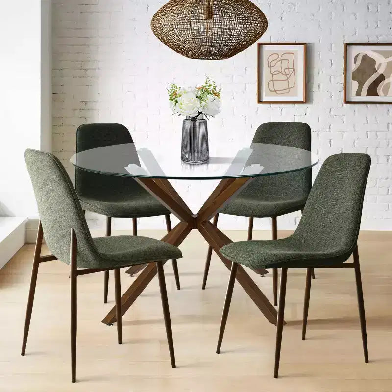 Olive+Oslo Ensemble de salle à manger 5 pièces pour 4, Table à manger ronde en verre avec 4 chaises de salle à manger rembourrées Pieds noyer-Panipeachy
