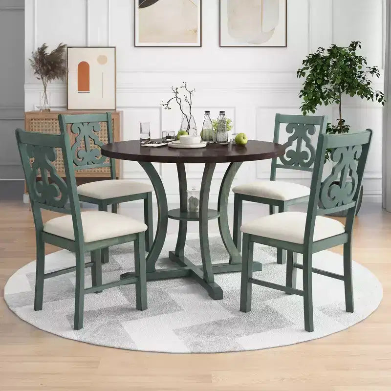 Ensemble de salle à manger rond 5 pièces en bois avec pieds de forme spéciale et dossier de chaise évidé au design exquis pour la cuisine