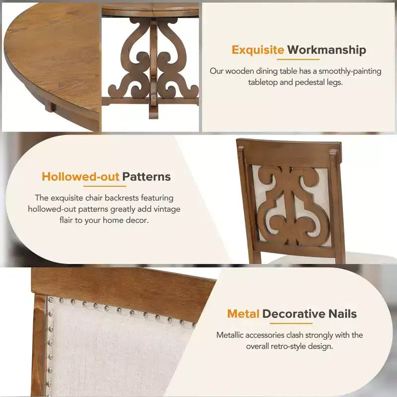 Ensemble de table de cuisine style ferme pour 4 personnes, table à manger ronde extensible en bois et 4 chaises rembourrées, ensemble de salle à manger rétro pour cuisine