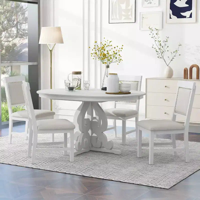 Ensemble de table de cuisine style ferme pour 4 personnes, table à manger ronde extensible en bois et 4 chaises rembourrées, ensemble de salle à manger rétro pour cuisine