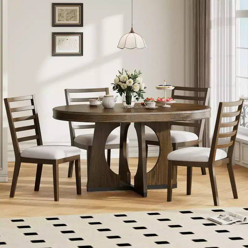 Ensemble de salle à manger rond extensible de ferme pour 4 personnes, table de cuisine ronde en bois avec rallonge, 4 chaises rembourrées pour salle à manger