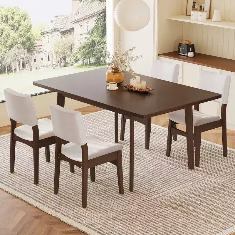 GDFStudio Crawford – Ensemble salle à manger moderne 5 pièces – Table rectangulaire en bois massif et chaises rembourrées en lin