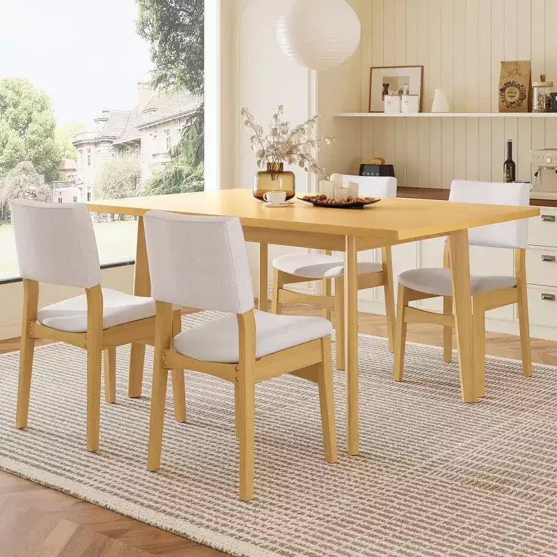 GDFStudio Crawford – Ensemble salle à manger moderne 5 pièces – Table rectangulaire en bois massif et chaises rembourrées en lin