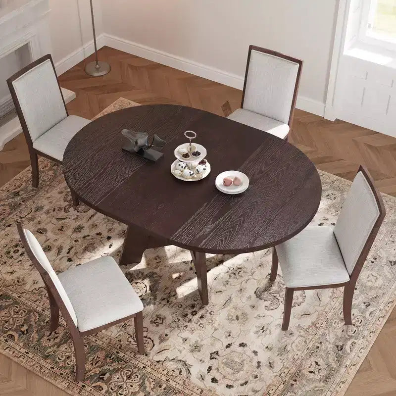Ensemble table de salle à manger ronde extensible de style ferme pour 4, avec rallonge amovible et 4 chaises de salle à manger rembourrées
