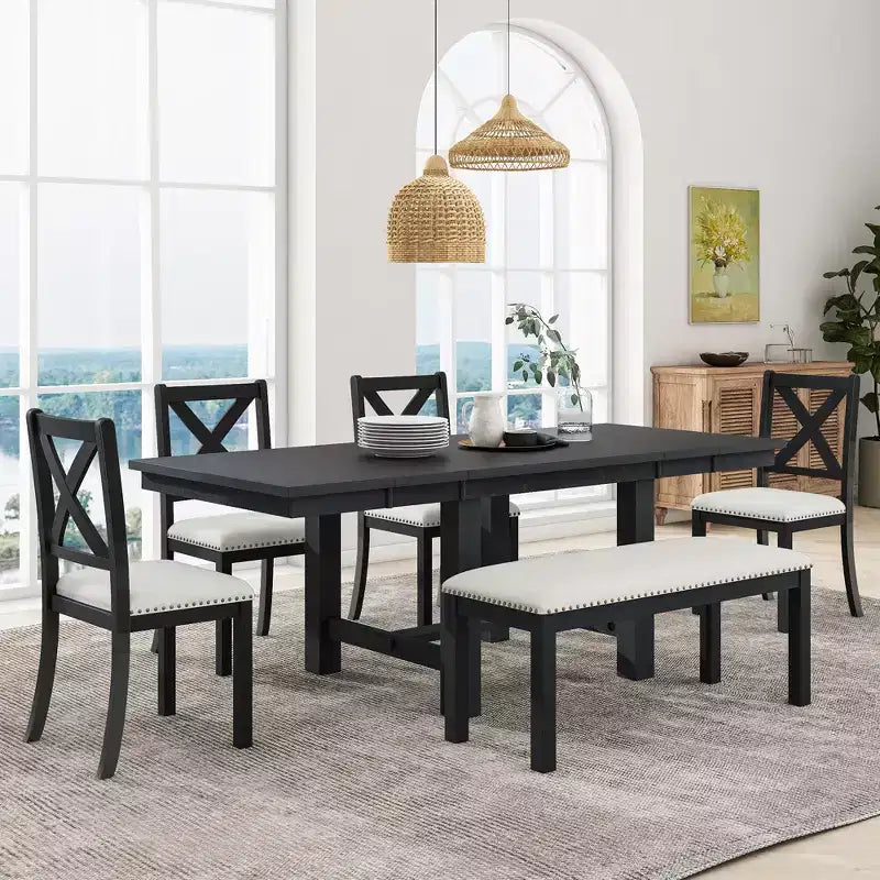 Ensemble de salle à manger extensible de ferme pour 6 personnes, table de cuisine rectangulaire en bois massif avec rallonge amovible, 4 chaises rembourrées et banc