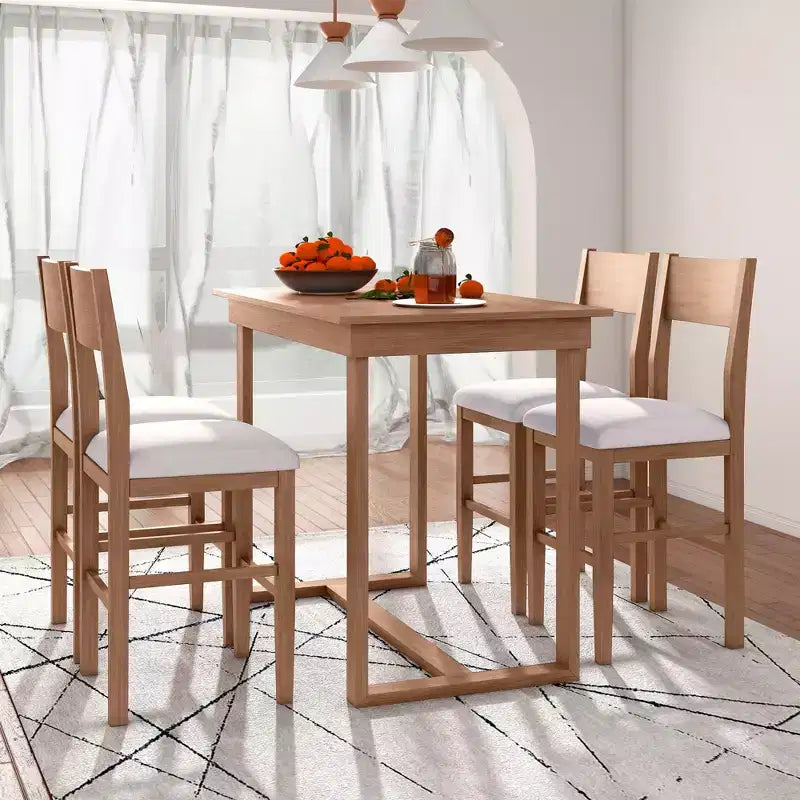 Ensemble de salle à manger 5 pièces à hauteur de comptoir pour 4 personnes, ensemble table de bar en bois de style ferme avec 4 chaises rembourrées pour petits espaces