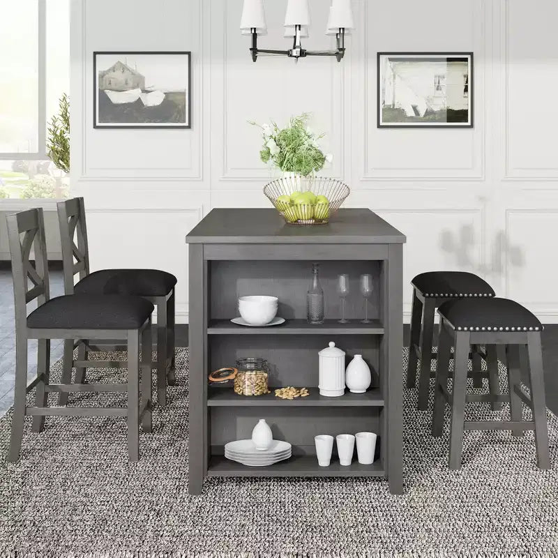 Ensemble de salle à manger à hauteur de comptoir pour 4 personnes, table de bar en bois avec étagère de rangement et 2 tabourets et 2 chaises pour petits espaces