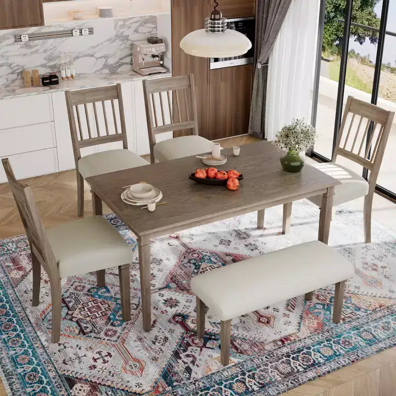 Ensemble de salle à manger rétro GDFStudio Griffin 6 pièces avec table rectangulaire en bois, 4 chaises et un banc
