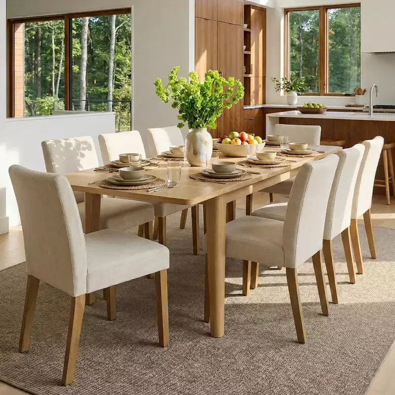 Ensemble de salle à manger extensible pour 8, table rectangulaire avec rallonges amovibles et chaises en lin sans accoudoirs, avec pieds en bois massif-Panipeachy