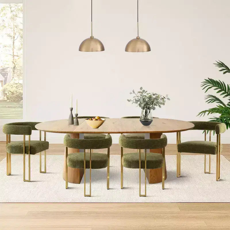 Ensemble de salle à manger extensible 47-83 pour 6 personnes, table en bois naturel et 6 chaises de salle à manger en chenille rembourrée avec pieds en métal-Panipeachy