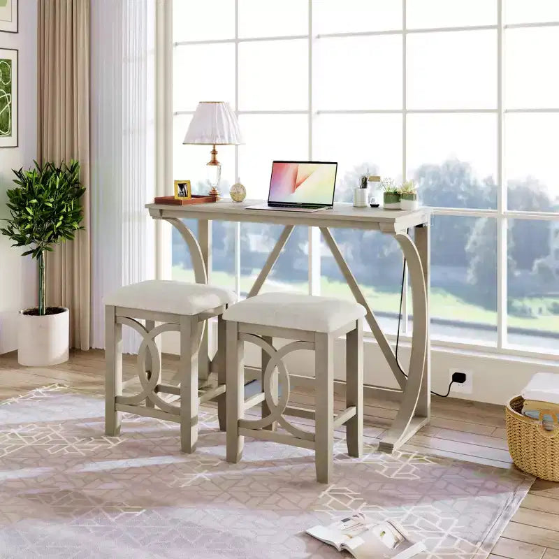 JVNOXK Ensemble table et 2 tabourets de bar style campagnard, ports USB intégrés et tabourets rembourrés, idéal pour les salles à manger, blanc