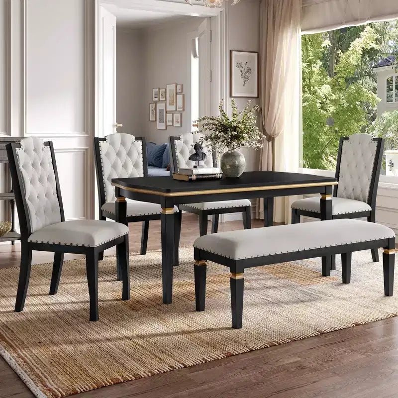 Ensemble de salle à manger 6 pièces GDFStudio Mathis avec table rectangulaire de 60 po, 4 chaises capitonnées à dossier haut et 1 banc