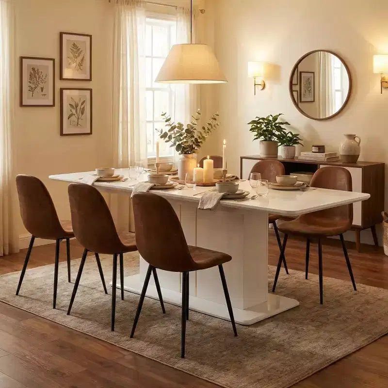 Ensemble de salle à manger 7 pièces FurnitureR pour 6 personnes, table à manger moderne en MDF avec 6 chaises rembourrées en suède, ensemble de table de cuisine et salle à manger avec pieds en métal pour la maison