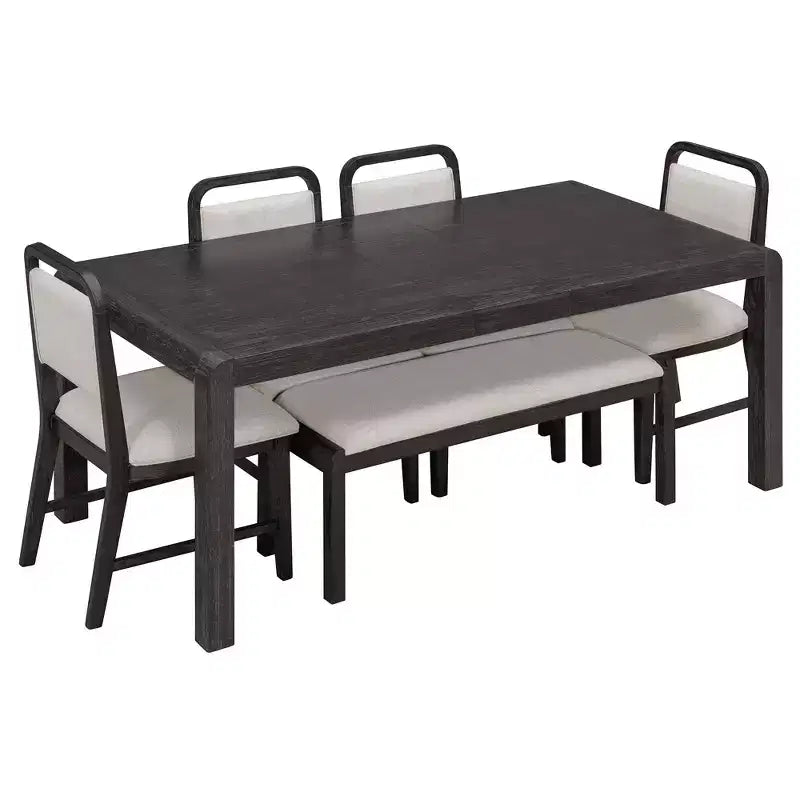 Ensemble de salle à manger vintage extensible pour 6 personnes avec 4 chaises rembourrées et un banc, table de cuisine rustique brossée à la main avec design incurvé