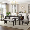 Ensemble de salle à manger vintage extensible pour 6 personnes avec 4 chaises rembourrées et un banc, table de cuisine rustique brossée à la main avec design incurvé