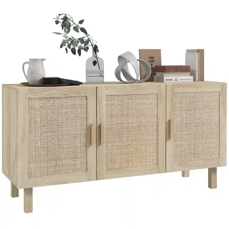 Buffet de salle à manger, meuble de cuisine, meuble de bar à café avec 3 portes en rotin et étagères réglables, mélangé naturel