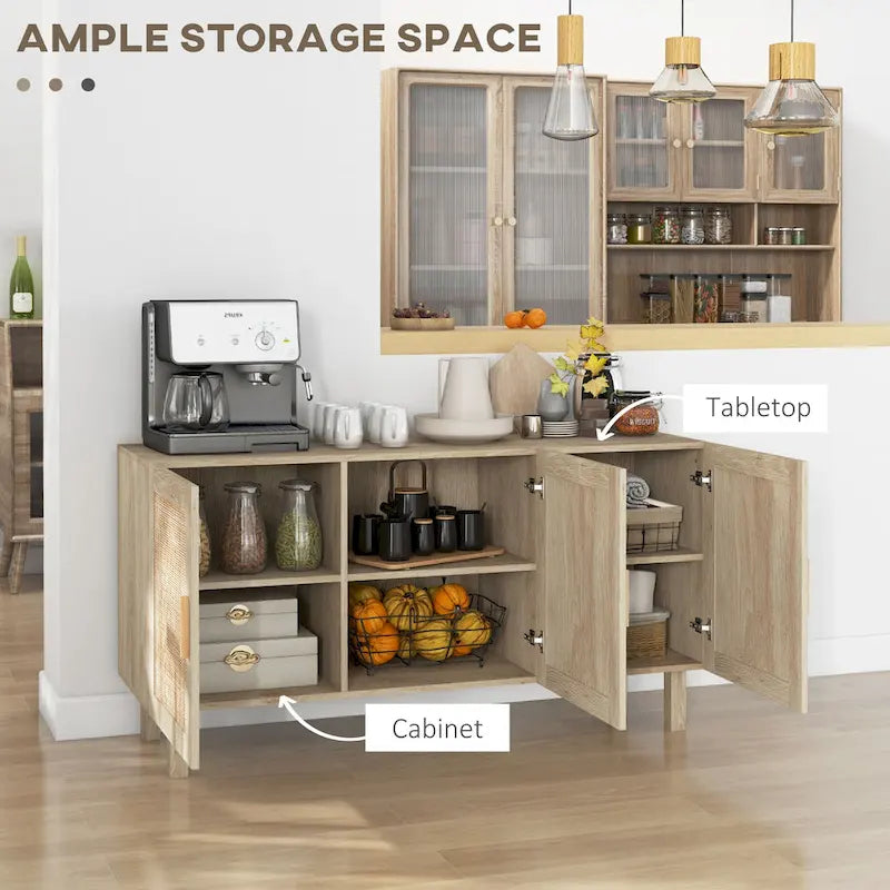 Buffet de salle à manger, meuble de cuisine, meuble de bar à café avec 3 portes en rotin et étagères réglables, mélangé naturel