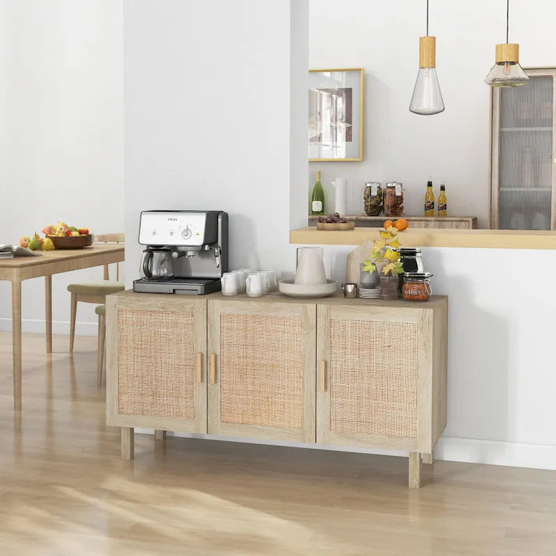 Buffet de salle à manger, meuble de cuisine, meuble de bar à café avec 3 portes en rotin et étagères réglables, mélangé naturel