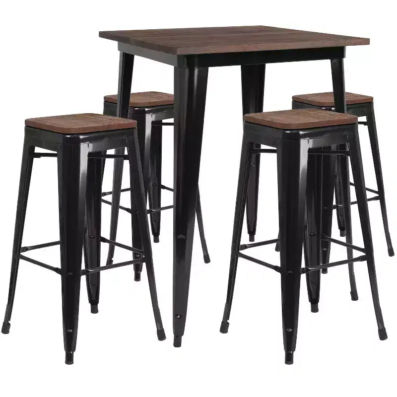 Ensemble table de bar carrée en métal de 31,5 po avec plateau en bois et 4 tabourets sans dossier Flash Furniture