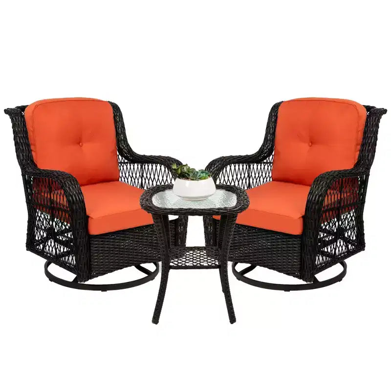 Ensemble de mobilier de bistro 3 pièces en osier pour patio Best Choice Products avec 2 fauteuils à bascule pivotants coussinés et une table d'appoint