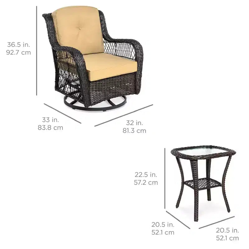 Ensemble de mobilier de bistro 3 pièces en osier pour patio Best Choice Products avec 2 fauteuils à bascule pivotants coussinés et une table d'appoint