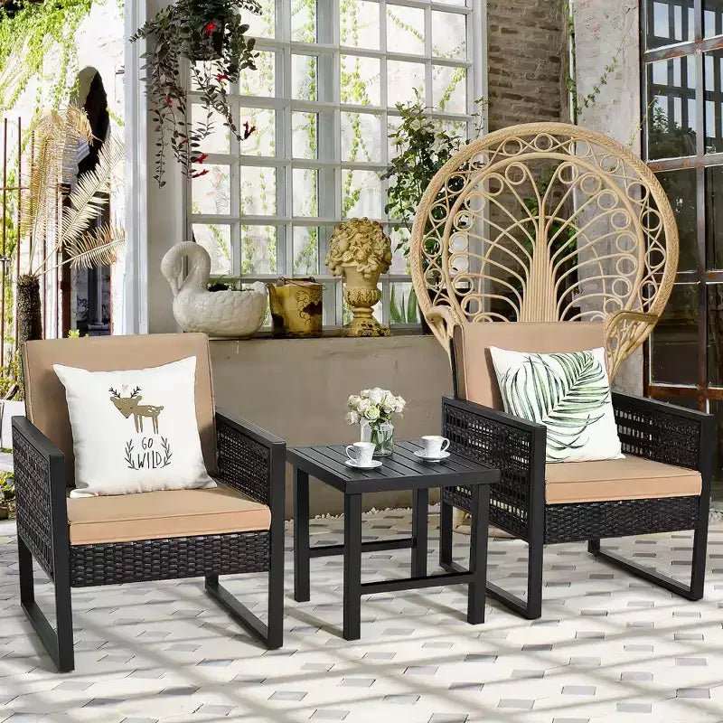Costway Ensemble de Meubles de Jardin en Rotin 3 Pièces avec Coussins, Fauteuil et Table Basse