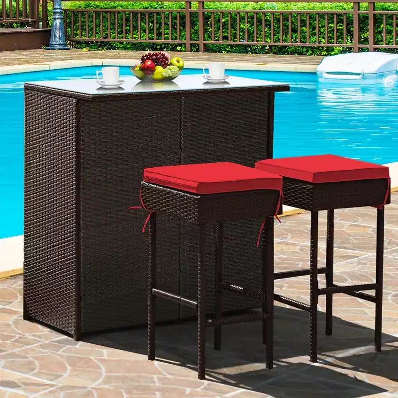 Costway Ensemble de 3 Meubles de Bar et Chaises de Jardin en Rotin et Osier pour Terrasse avec Coussins Rouges